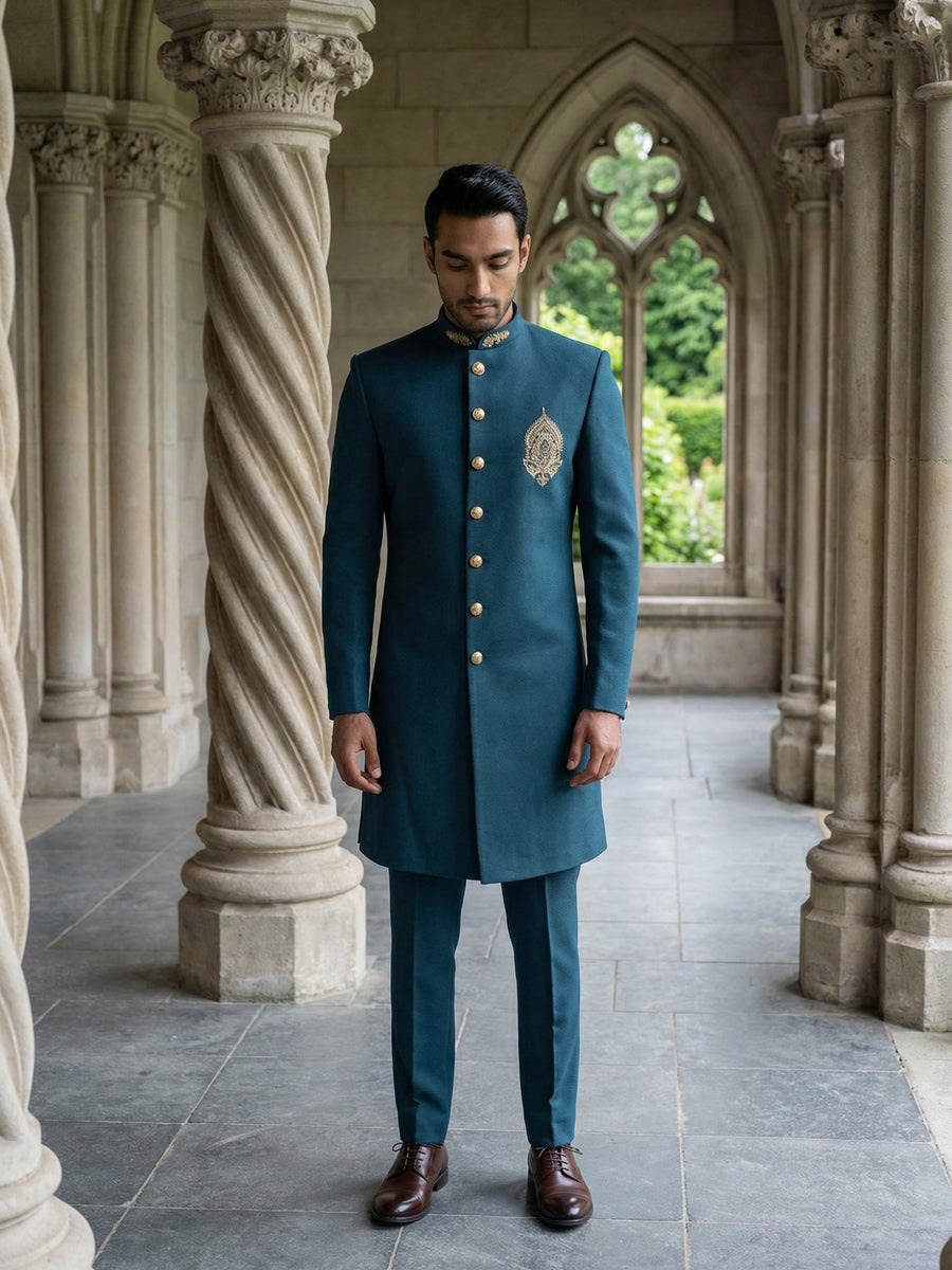 Men's Cotton Blend Indo-Western Set with Zari Work ( 50JIND 159Peacock S )