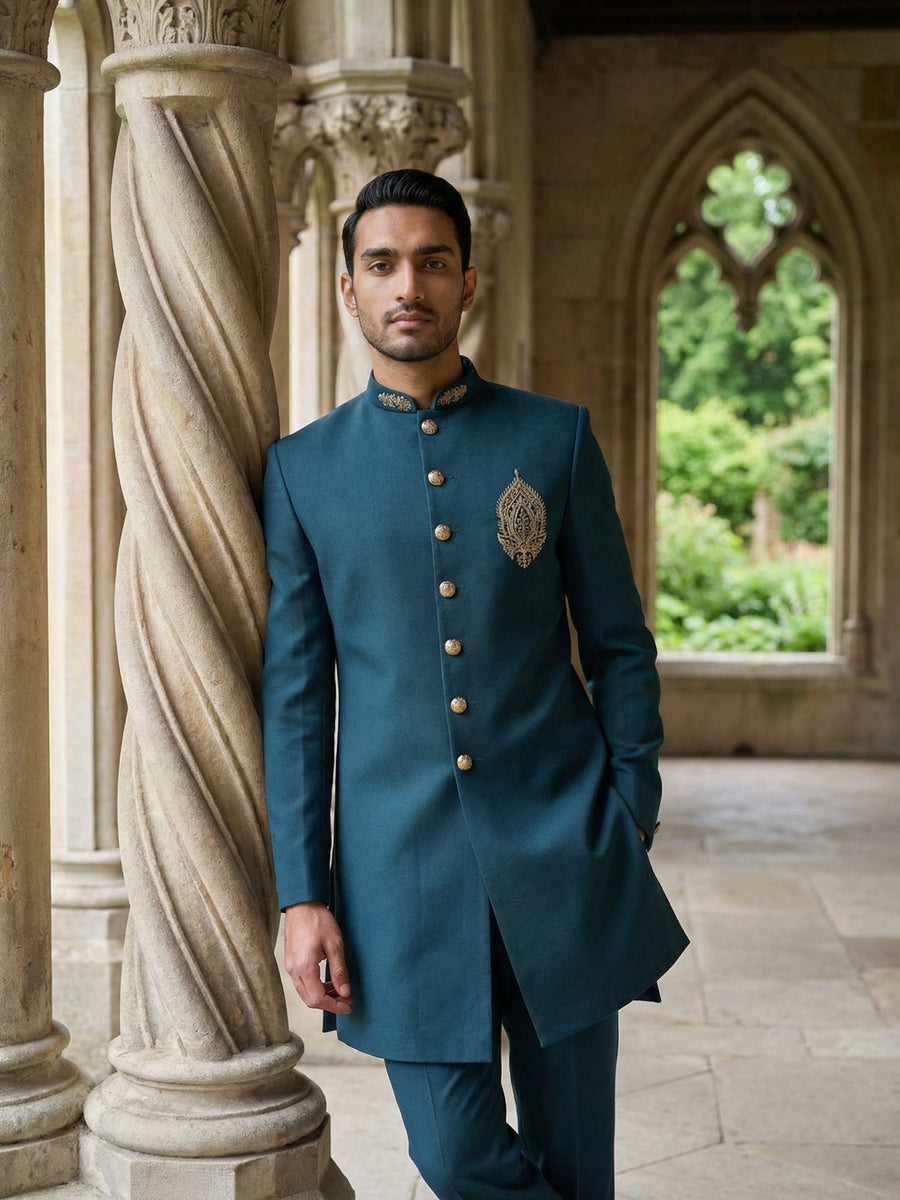Men's Cotton Blend Indo-Western Set with Zari Work ( 50JIND 159Peacock S )