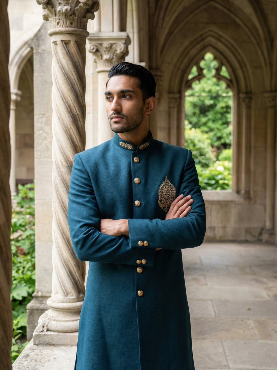Men's Cotton Blend Indo-Western Set with Zari Work ( 50JIND 159Peacock S )