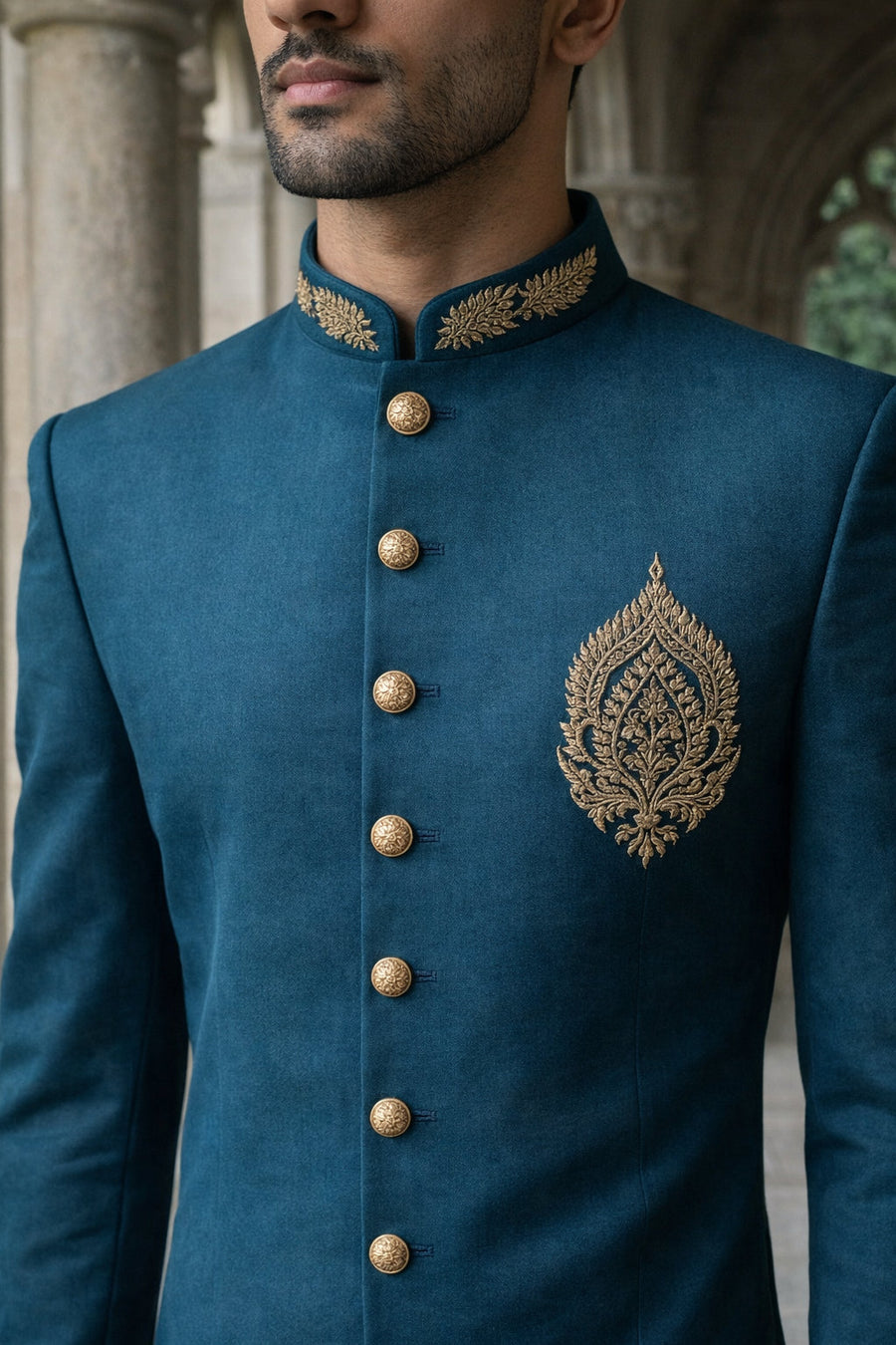 Men's Cotton Blend Indo-Western Set with Zari Work ( 50JIND 159Peacock S )