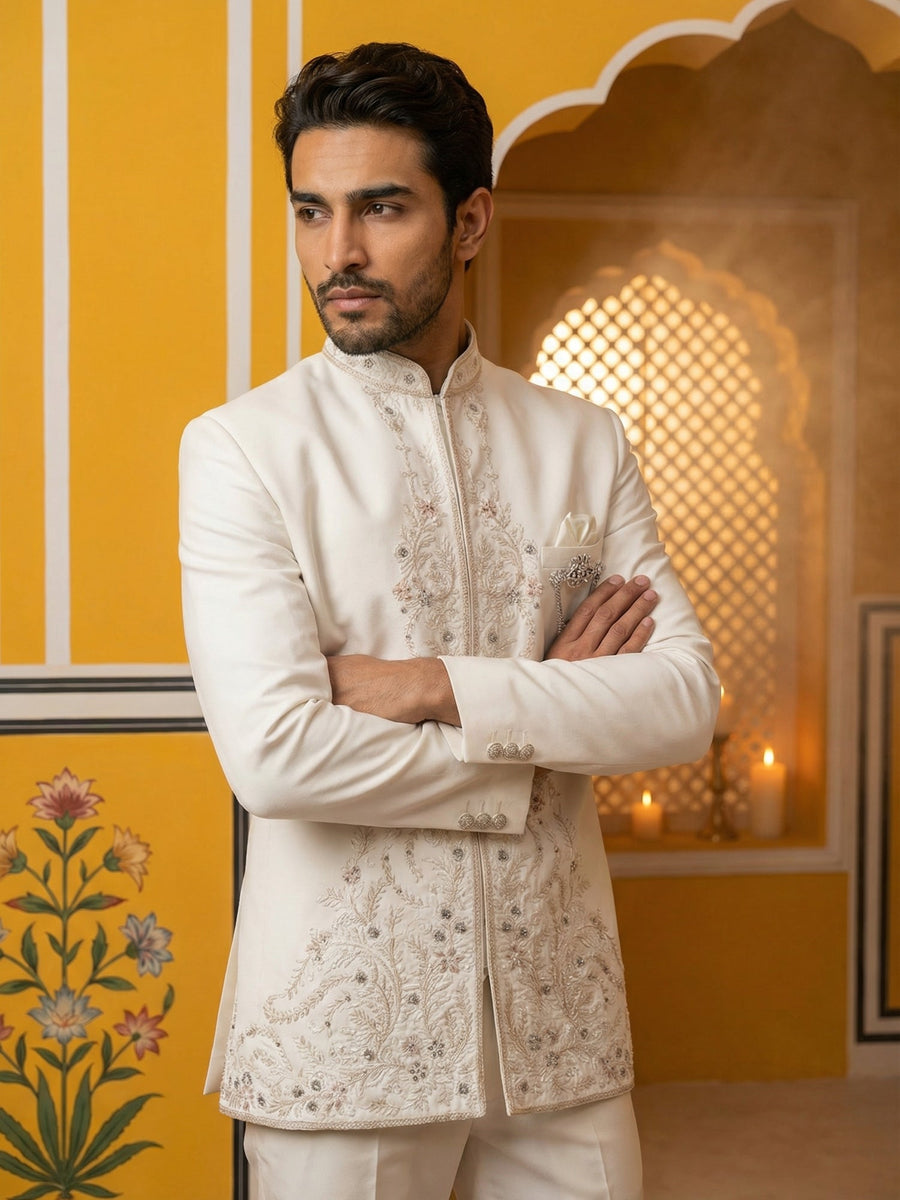 Japanese Embroidered Indo-Western Set ( 50JIND 160Cream S )