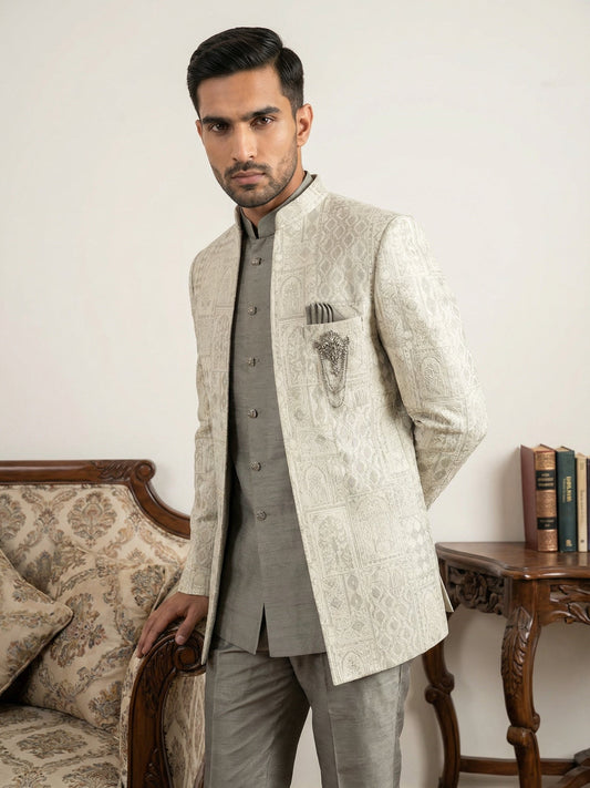 Silk Blend Woven Design Indo-Western Set ( 50JIND 162Cream S )