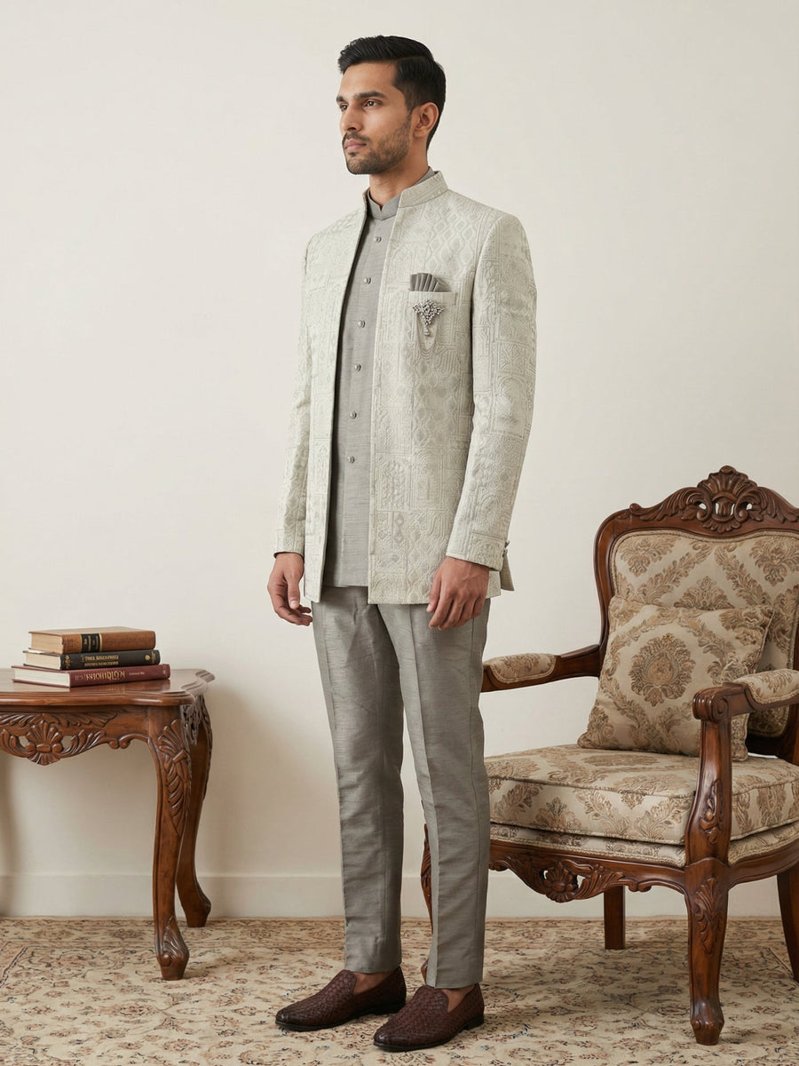 Silk Blend Woven Design Indo-Western Set ( 50JIND 162Cream S )