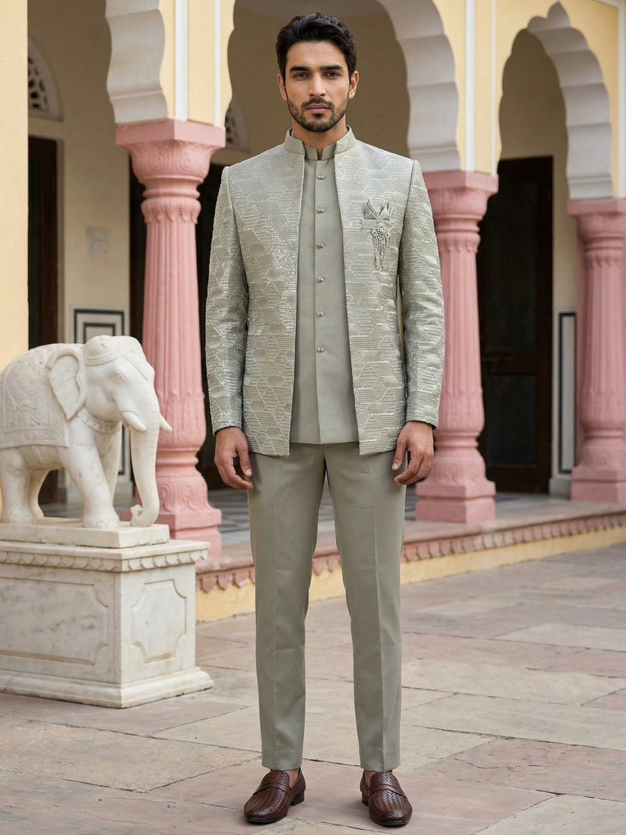 Silk Blend Embroidered Indo-Western Set ( 50JIND 170Pista S )
