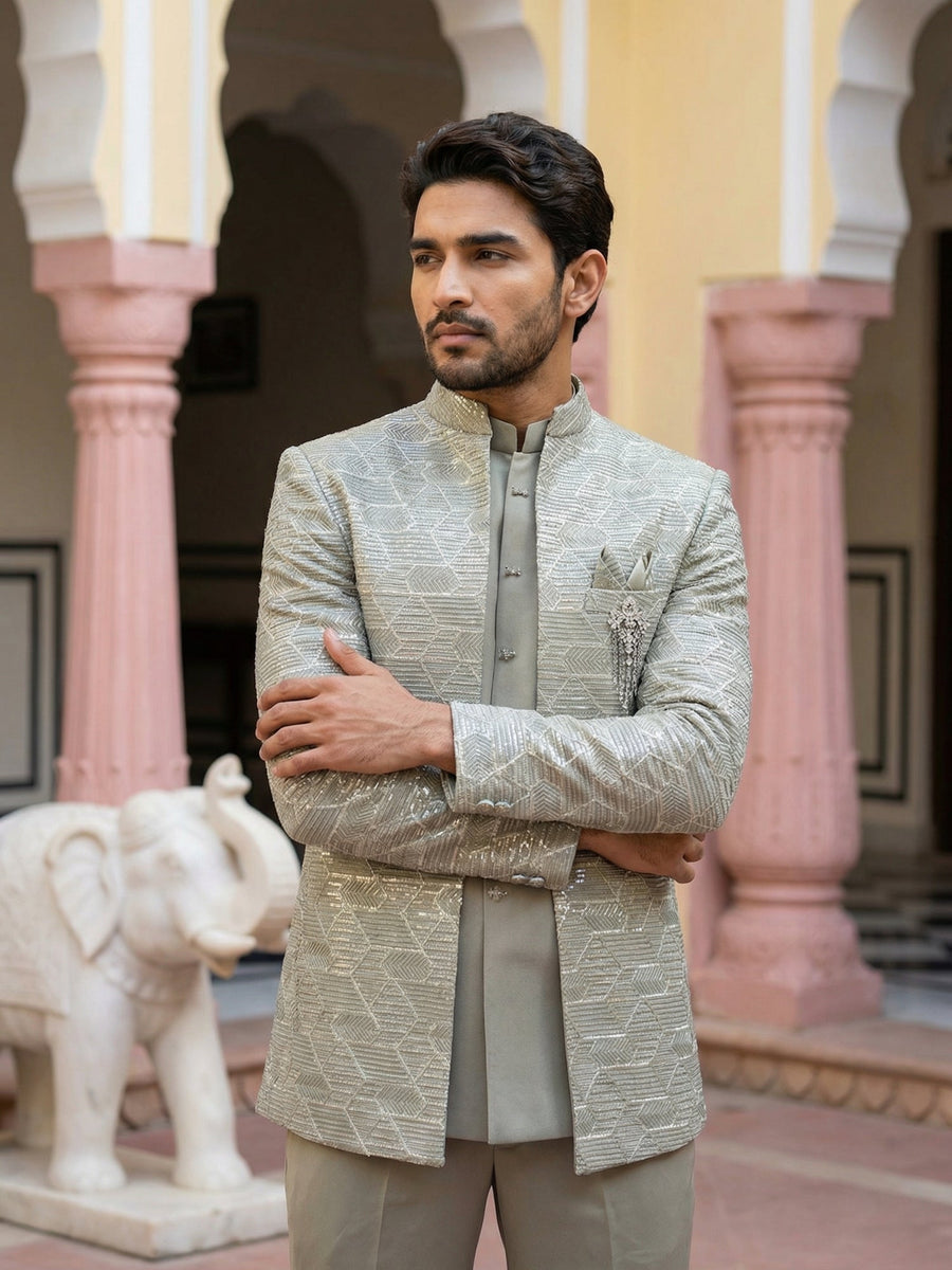 Silk Blend Embroidered Indo-Western Set ( 50JIND 170Pista S )