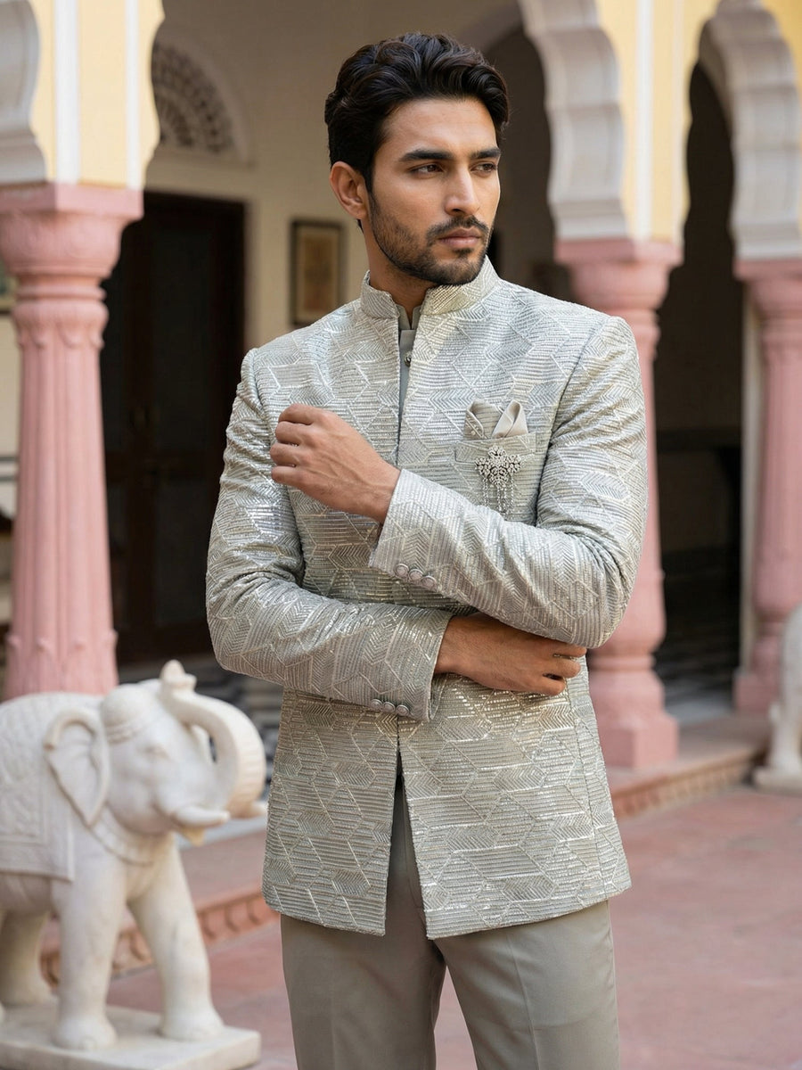 Silk Blend Embroidered Indo-Western Set ( 50JIND 170Pista S )