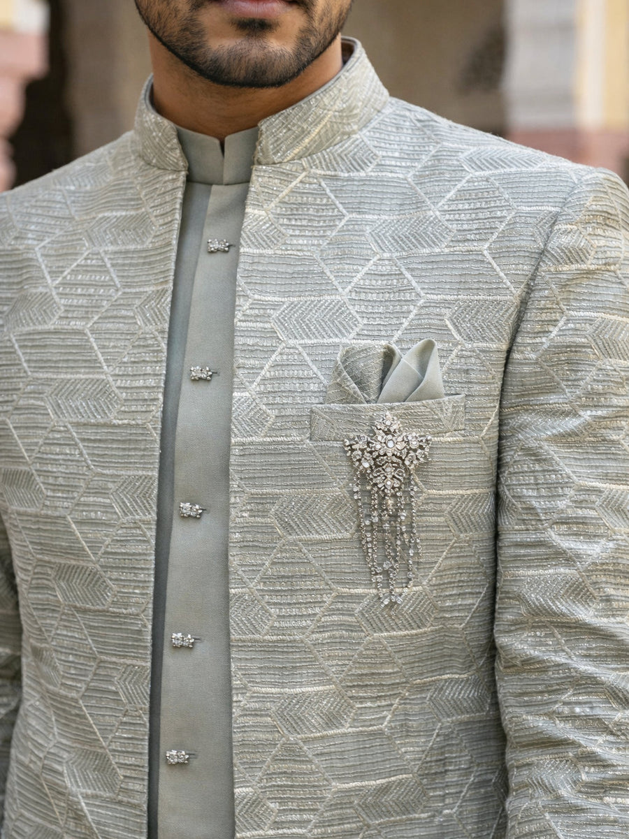 Silk Blend Embroidered Indo-Western Set ( 50JIND 170Pista S )