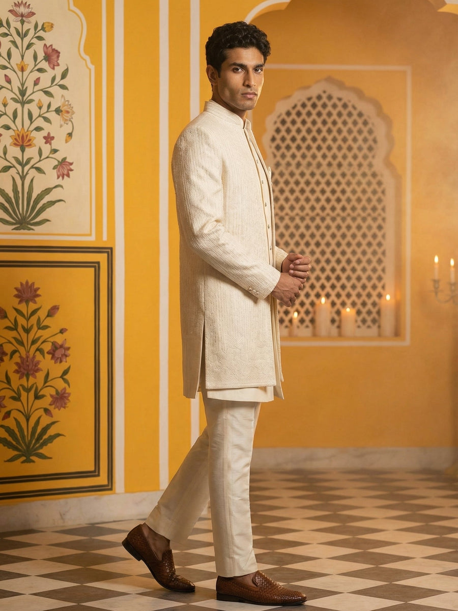 Ivory Silk Blend Embroidered Indo-Western Set ( 50JIND 172Off-White S )