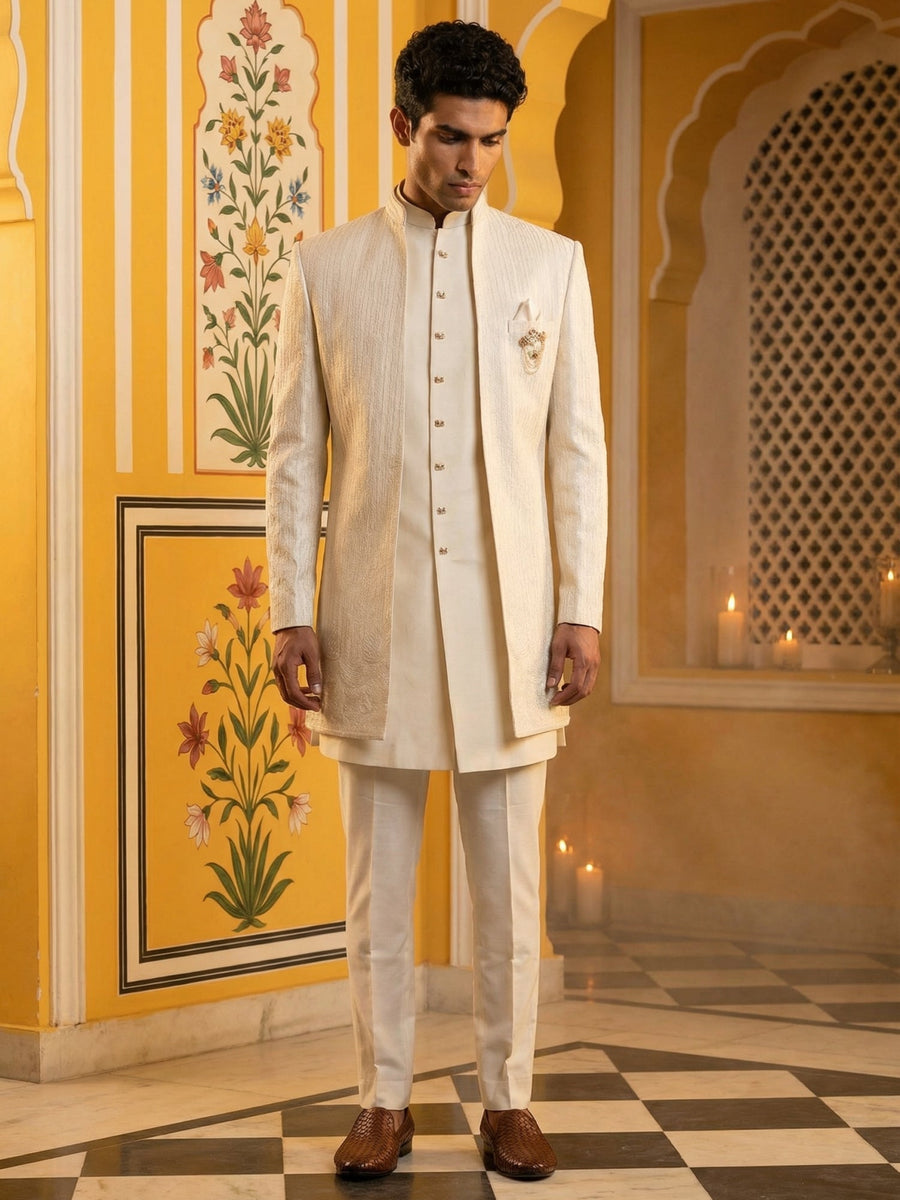 Ivory Silk Blend Embroidered Indo-Western Set ( 50JIND 172Off-White S )