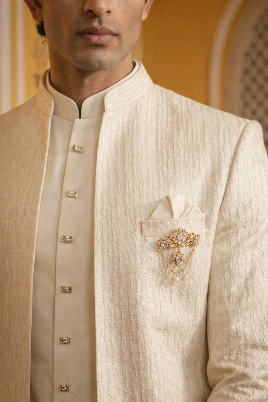 Ivory Silk Blend Embroidered Indo-Western Set ( 50JIND 172Off-White S )