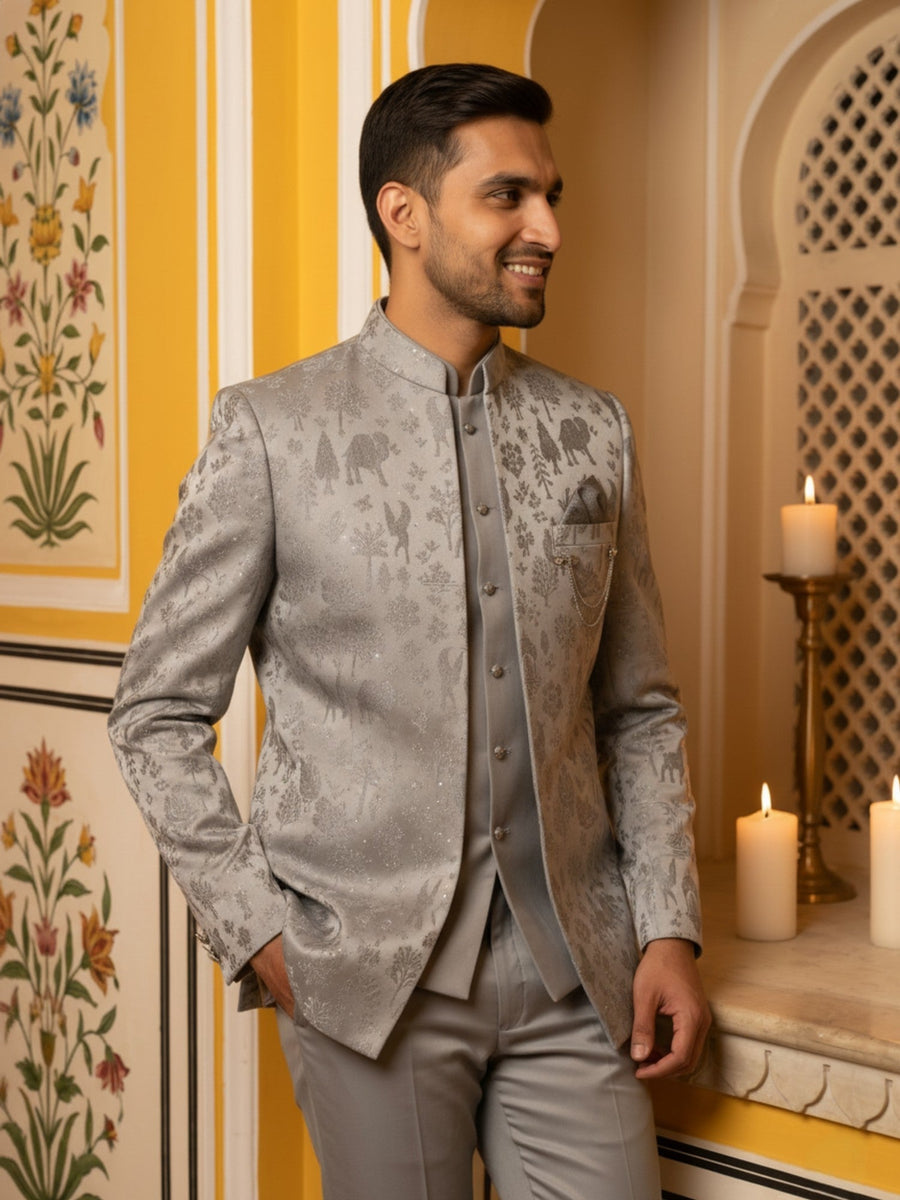 Premium Silk Jacquard Indo-Western Set for Men ( 50JIND 179Grey )