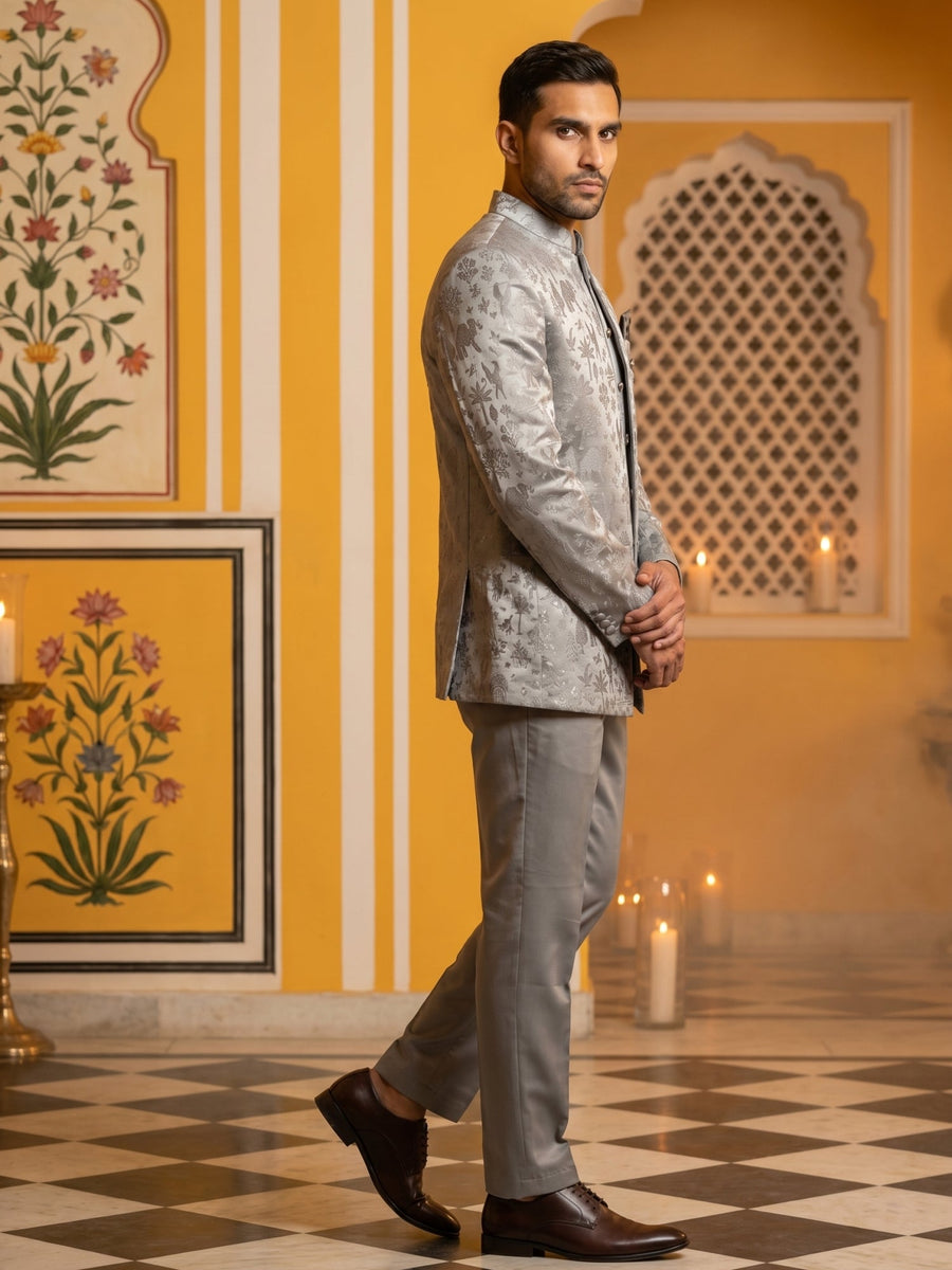 Premium Silk Jacquard Indo-Western Set for Men ( 50JIND 179Grey )