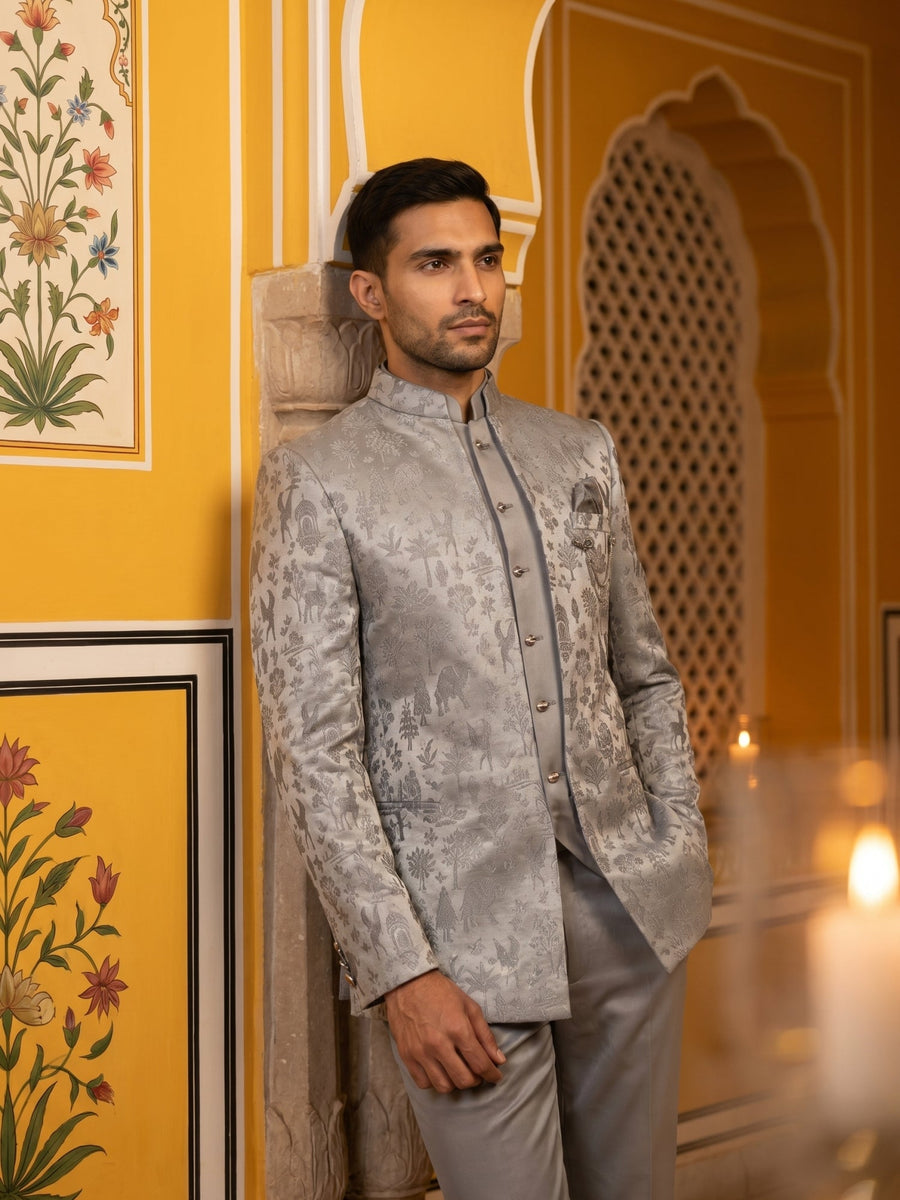 Premium Silk Jacquard Indo-Western Set for Men ( 50JIND 179Grey )