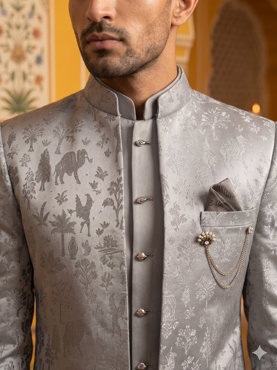 Premium Silk Jacquard Indo-Western Set for Men ( 50JIND 179Grey )