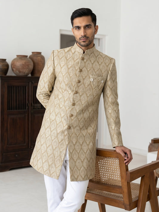 Festive Jacquard Indo-Western Suit Set ( 50JIND PJ5W 180Beige )