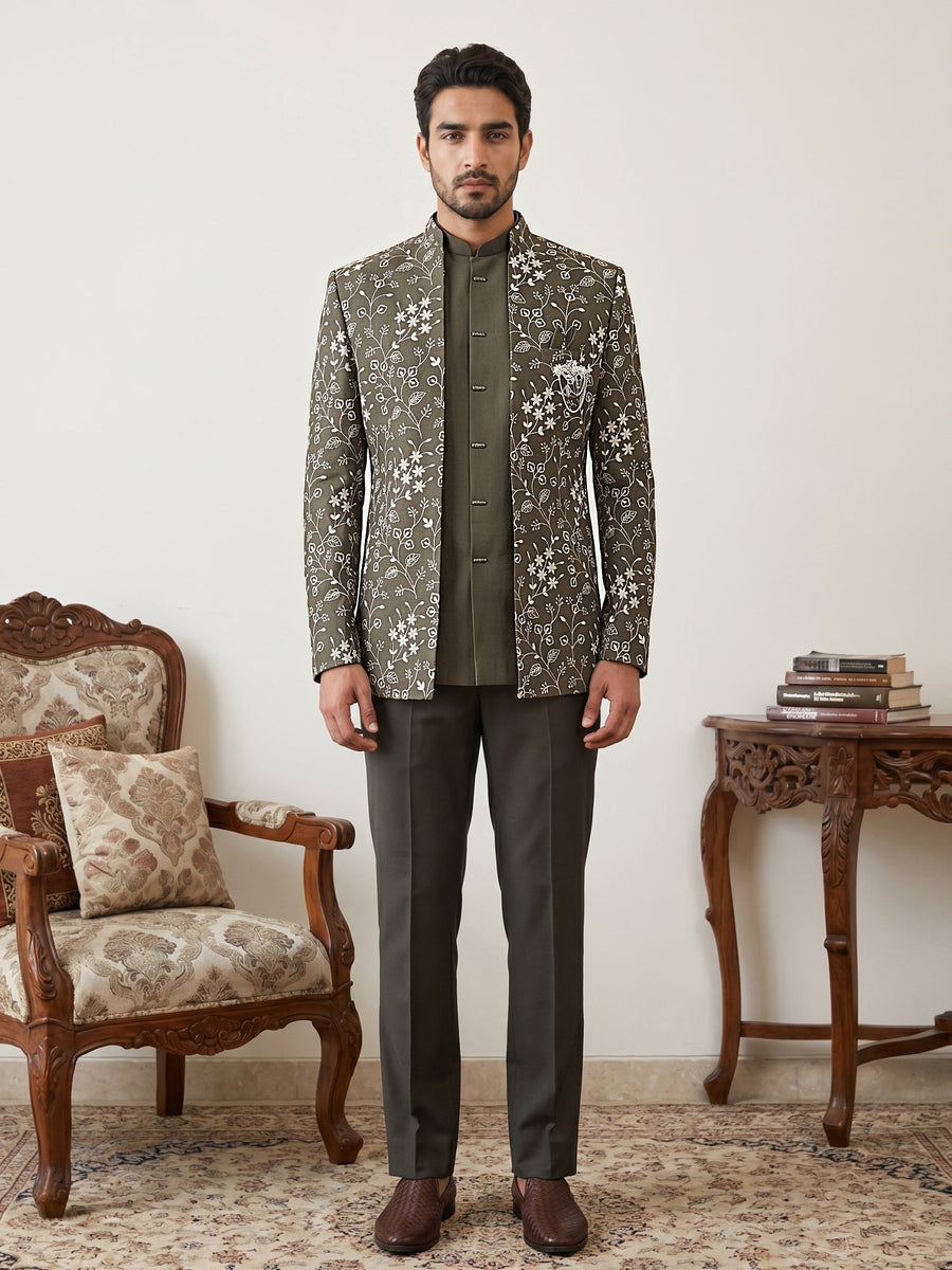Imported Japanese Embroidered Indo-Western Set ( 50JIND 188Mehndi )
