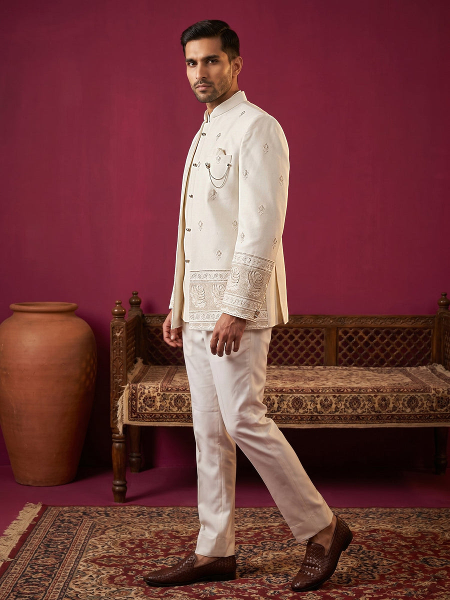 Men Ethnic Embroidered Indo-Western Set ( 50JIND 229White )