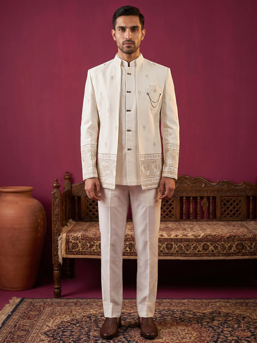 Men Ethnic Embroidered Indo-Western Set ( 50JIND 229White )