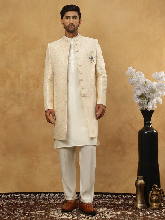 Jacquard Silk Embroidered Indo-Western Set ( 50JIND 592W 137Cream )