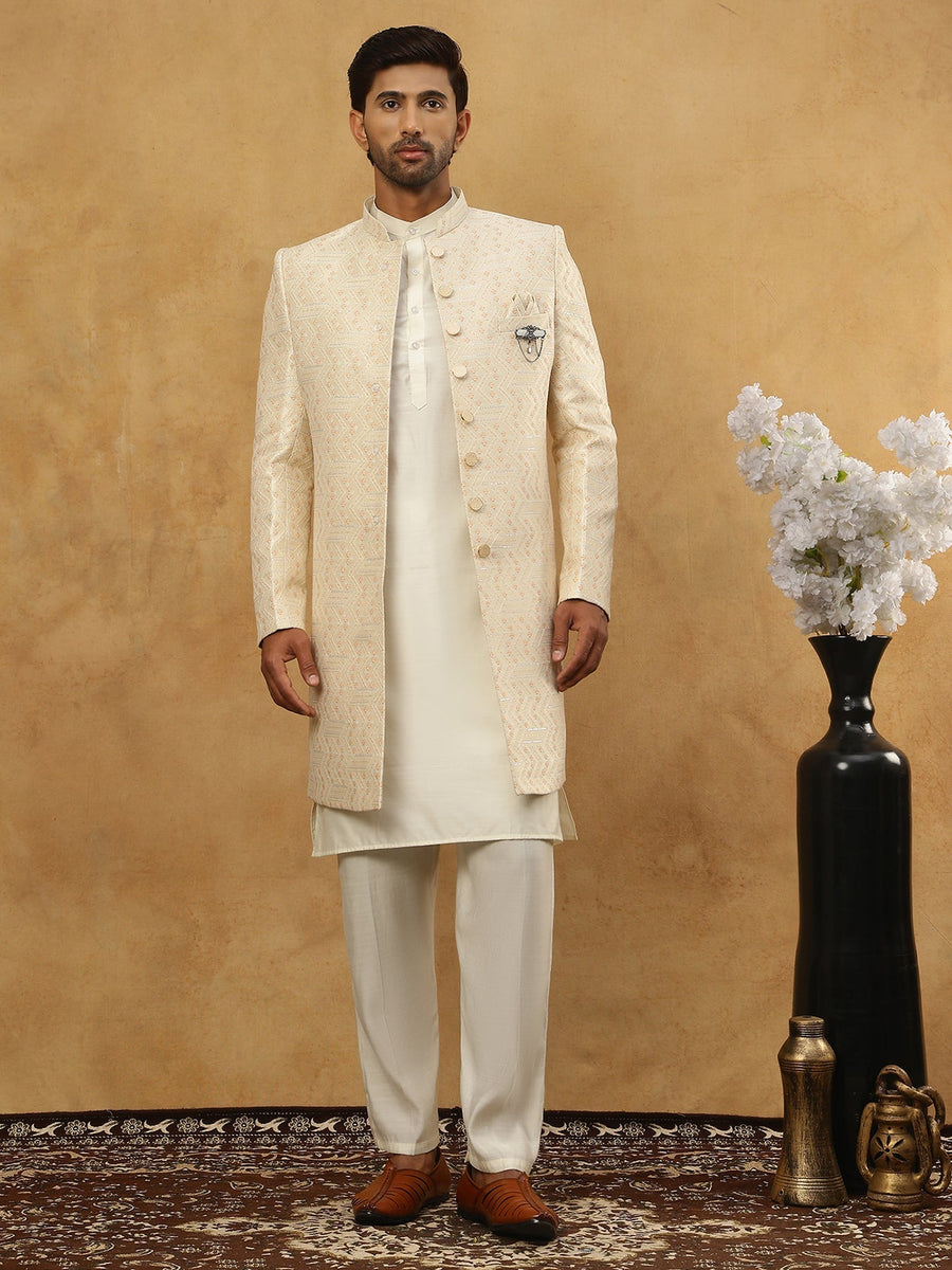 Jacquard Silk Embroidered Indo-Western Set ( 50JIND 592W 137Cream )