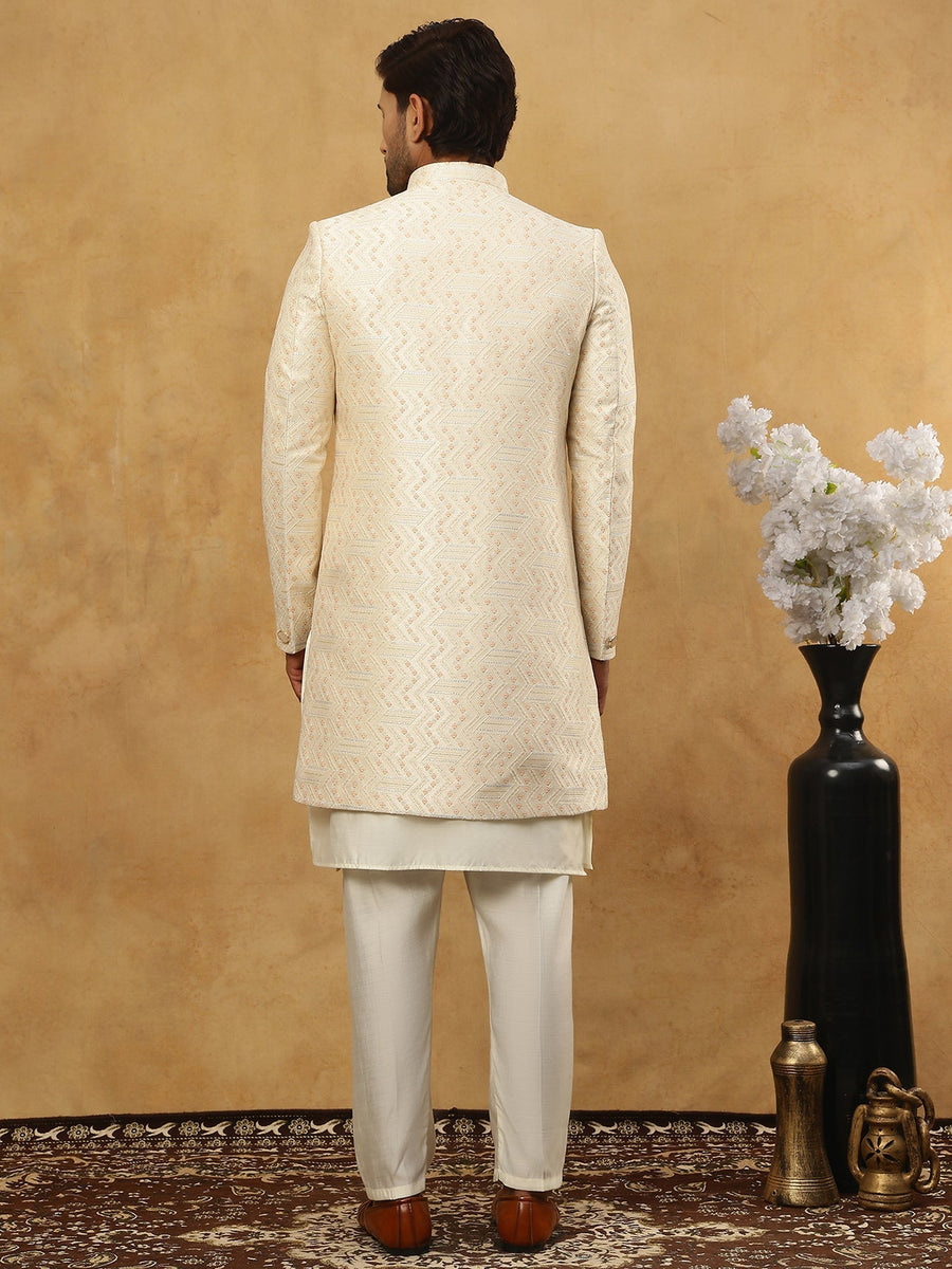 Jacquard Silk Embroidered Indo-Western Set ( 50JIND 592W 137Cream )