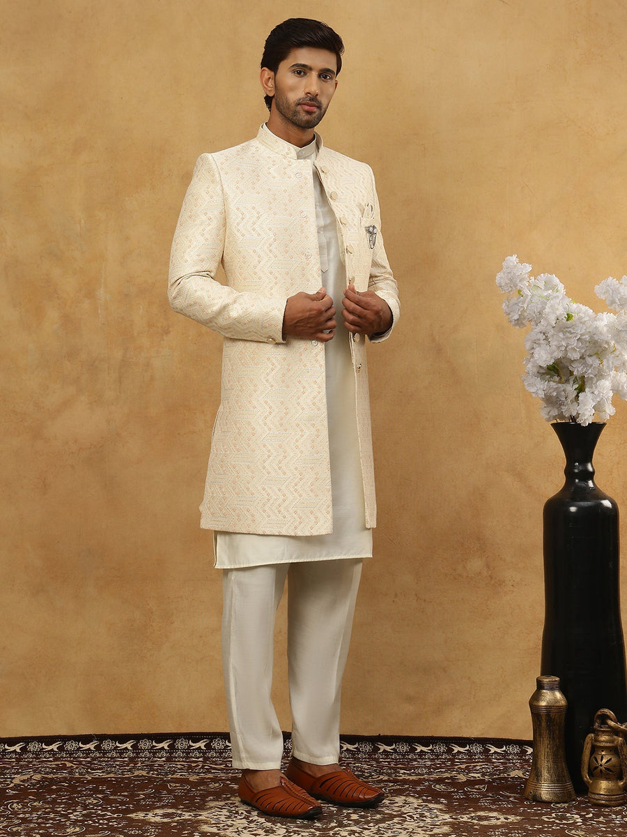 Jacquard Silk Embroidered Indo-Western Set ( 50JIND 592W 137Cream )
