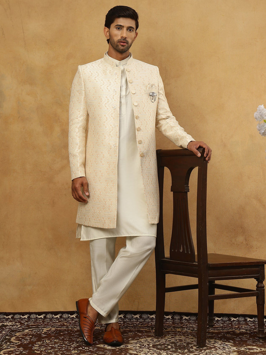 Jacquard Silk Embroidered Indo-Western Set ( 50JIND 592W 137Cream )