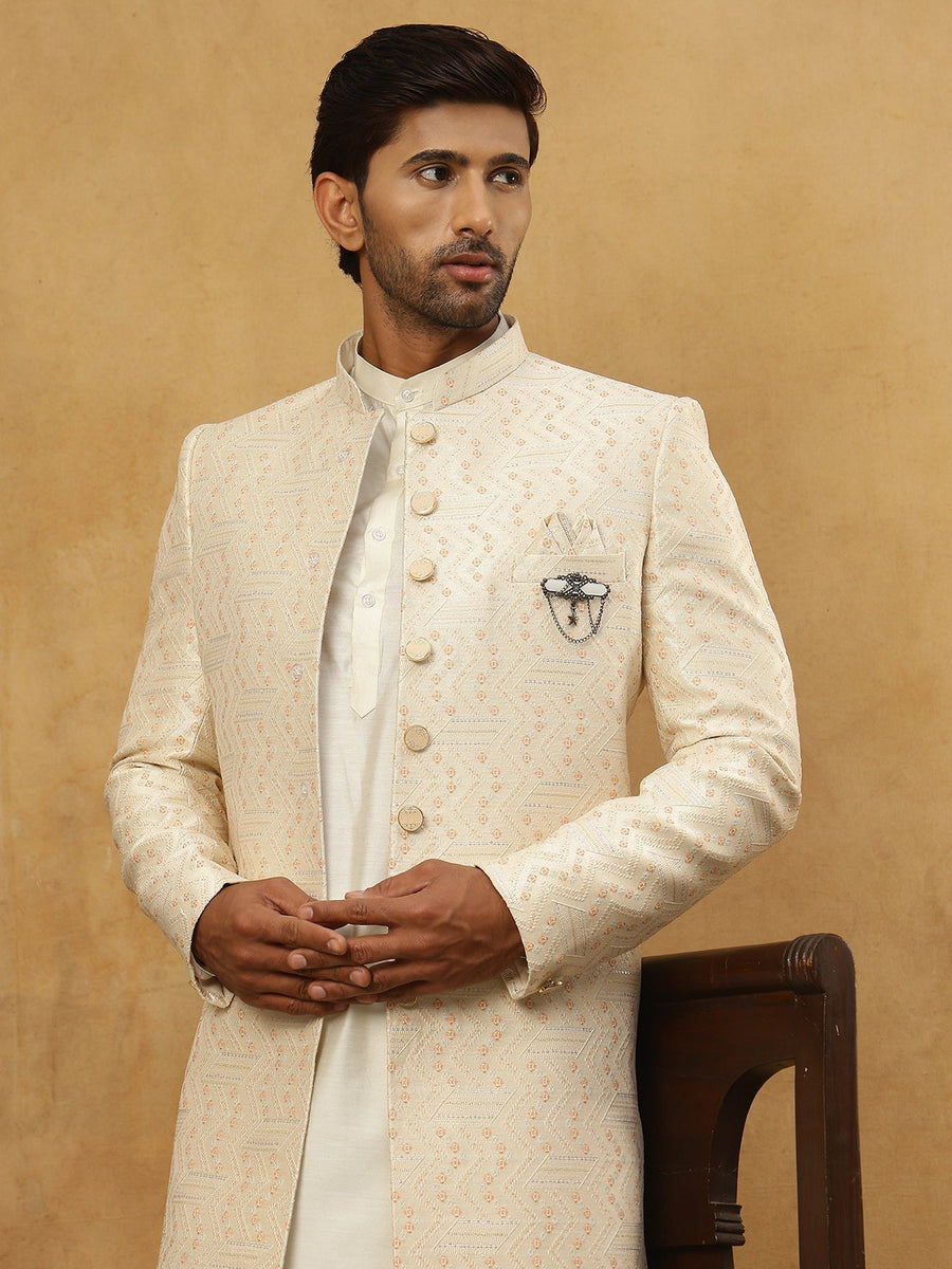 Jacquard Silk Embroidered Indo-Western Set ( 50JIND 592W 137Cream )