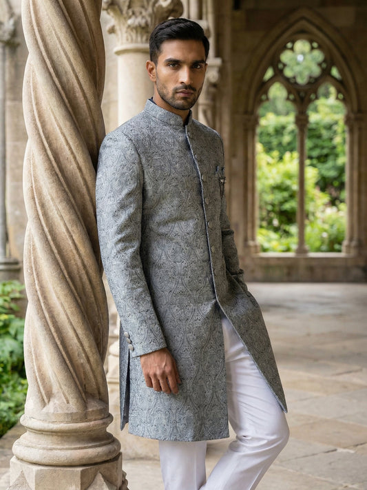 Paisley Jacquard Silk Indo-Western Set ( 50JIND P5W 168Grey S )