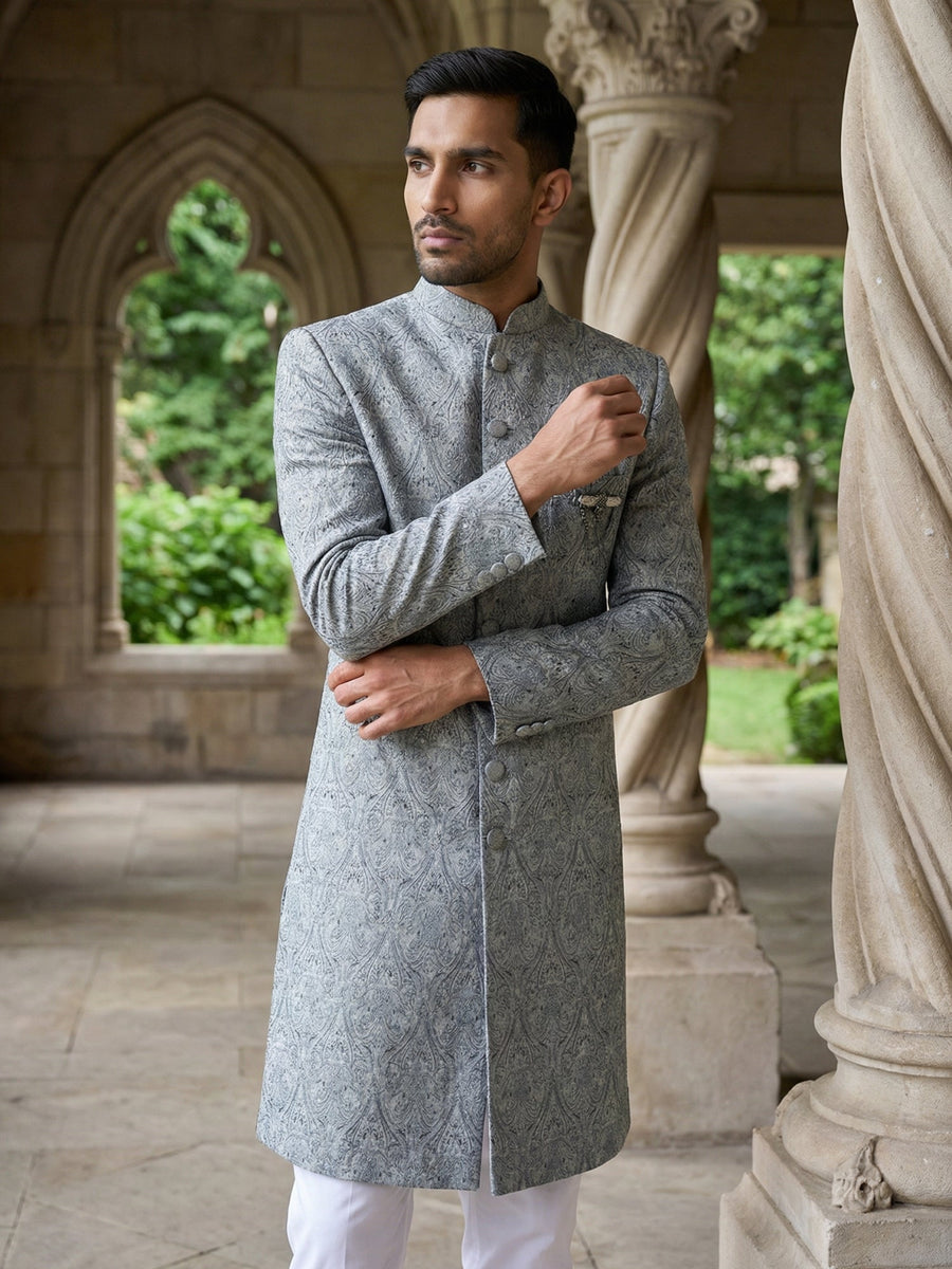 Paisley Jacquard Silk Indo-Western Set ( 50JIND P5W 168Grey S )