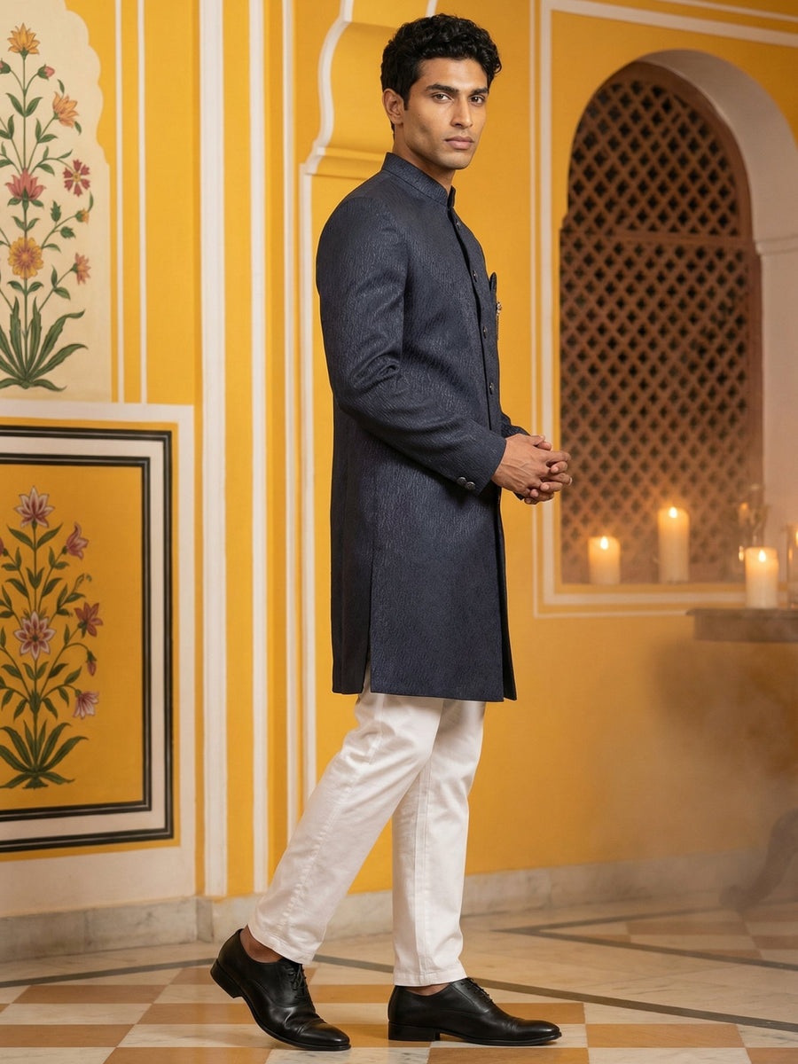 Silk Blend Woven Indo-Western Set ( 50JIND P5W 171Navy S )