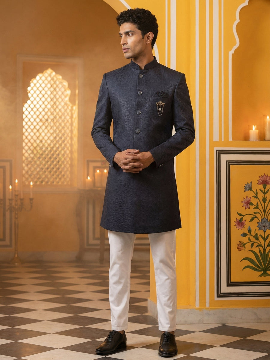 Silk Blend Woven Indo-Western Set ( 50JIND P5W 171Navy S )