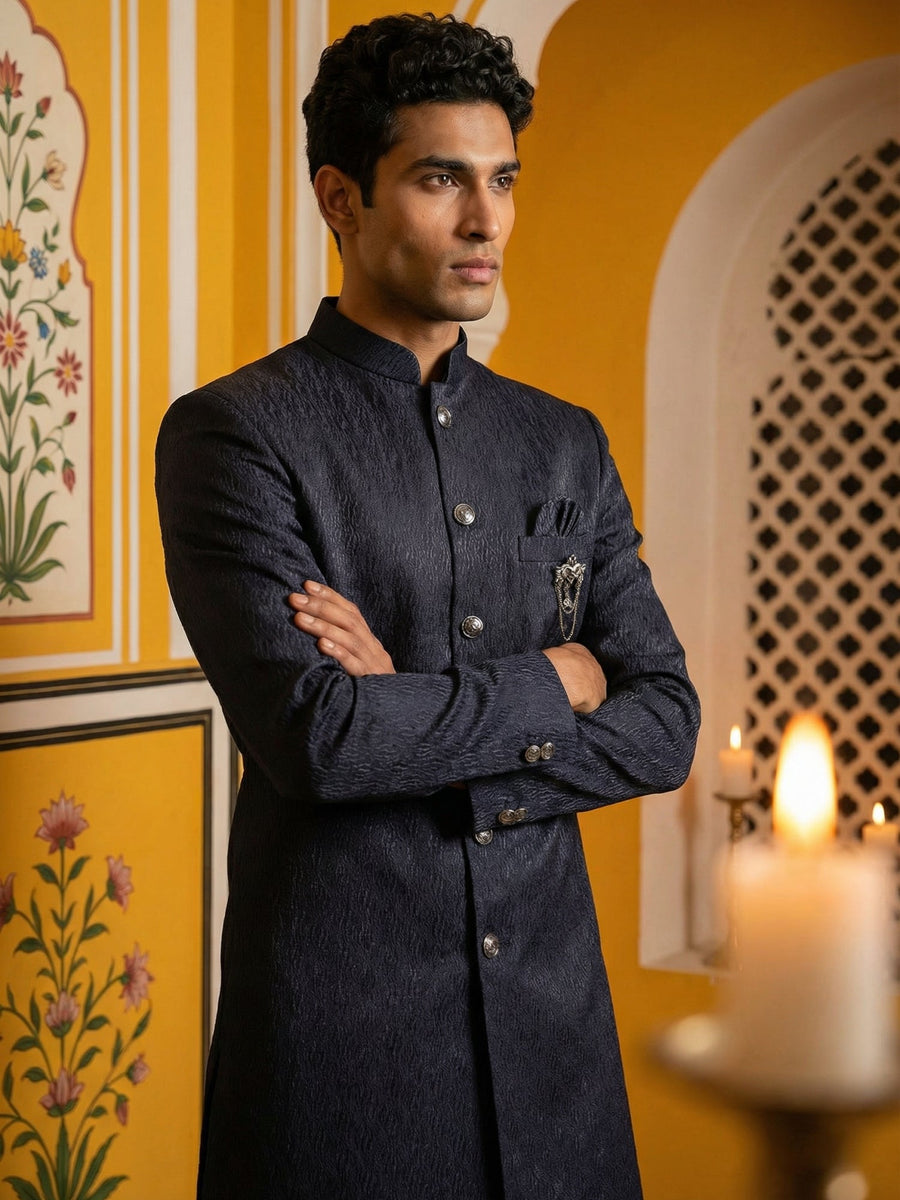 Silk Blend Woven Indo-Western Set ( 50JIND P5W 171Navy S )