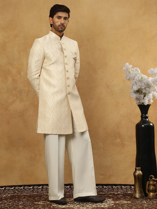 Jacquard Silk Embroidered Indo-Western Set ( 50JIND PJ11W 137Cream )