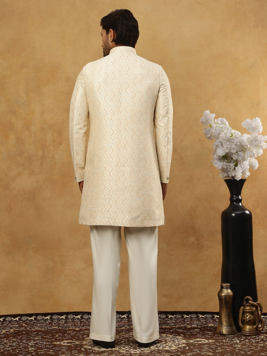 Jacquard Silk Embroidered Indo-Western Set ( 50JIND PJ11W 137Cream )