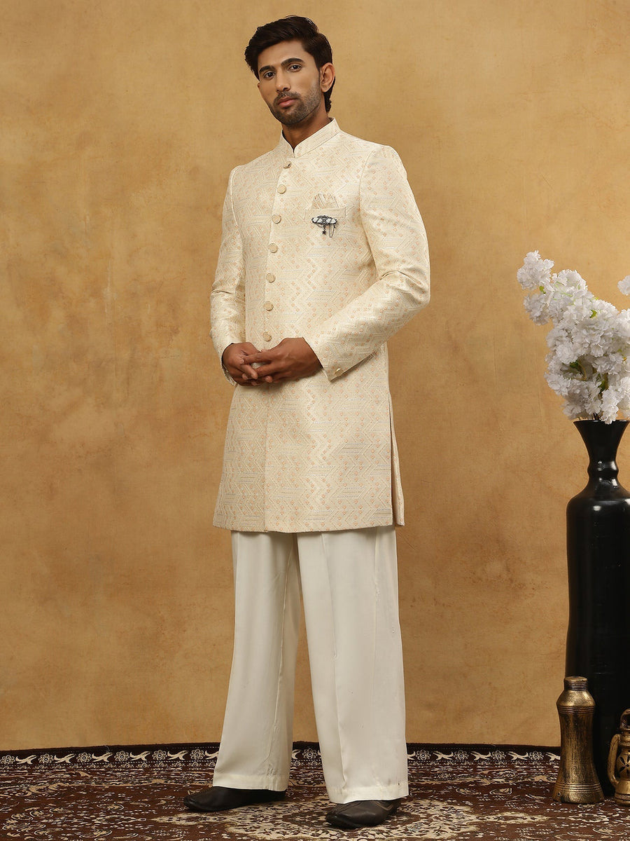 Jacquard Silk Embroidered Indo-Western Set ( 50JIND PJ11W 137Cream )