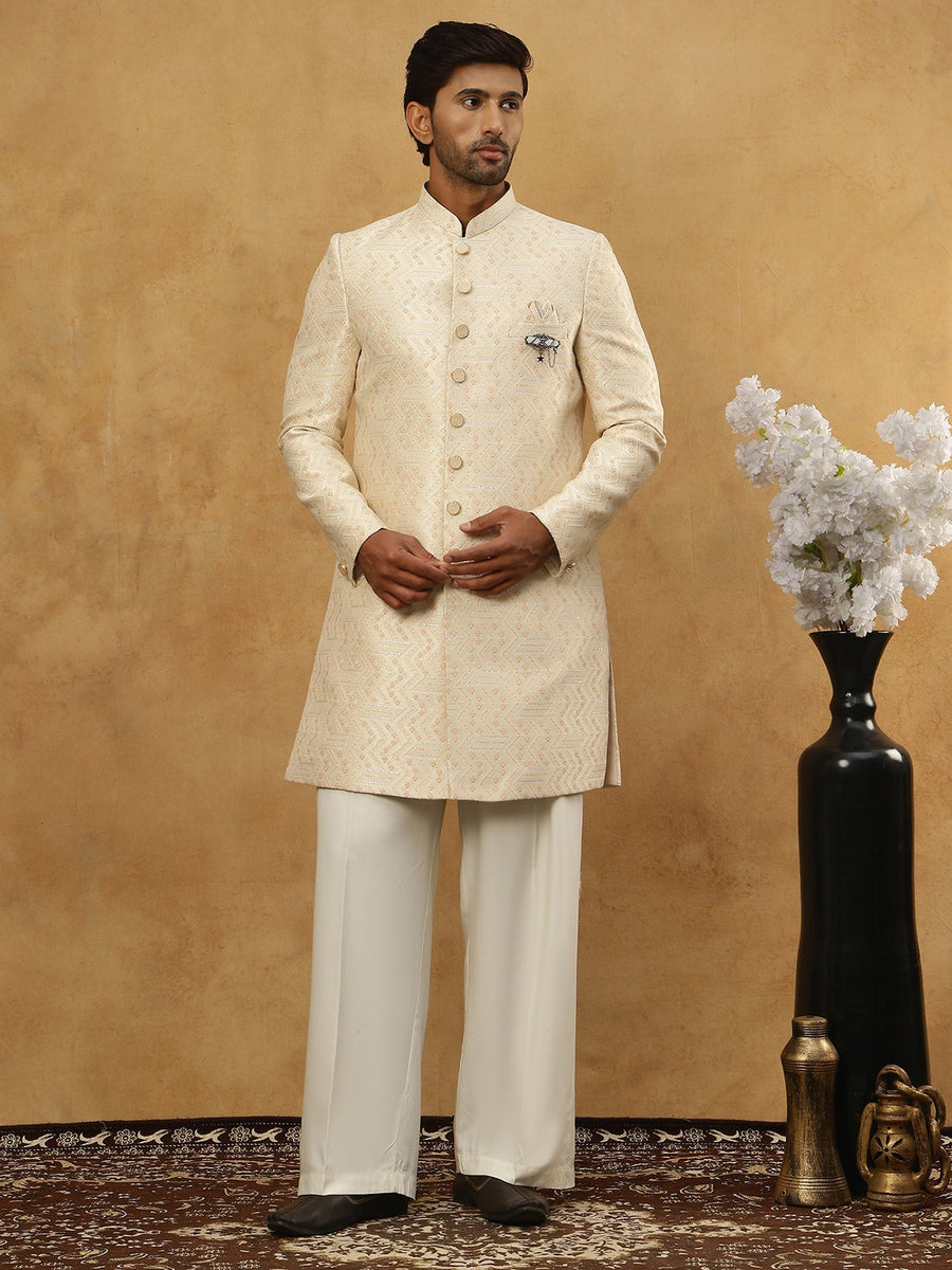 Jacquard Silk Embroidered Indo-Western Set ( 50JIND PJ11W 137Cream )