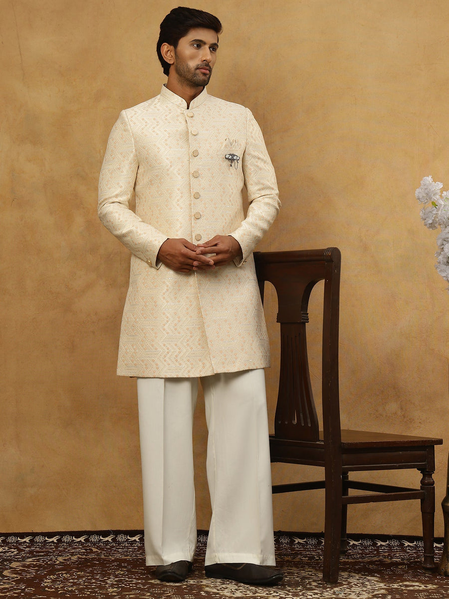 Jacquard Silk Embroidered Indo-Western Set ( 50JIND PJ11W 137Cream )