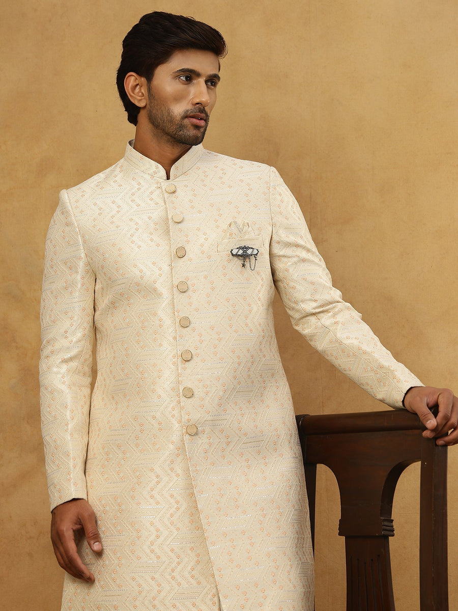 Jacquard Silk Embroidered Indo-Western Set ( 50JIND PJ11W 137Cream )