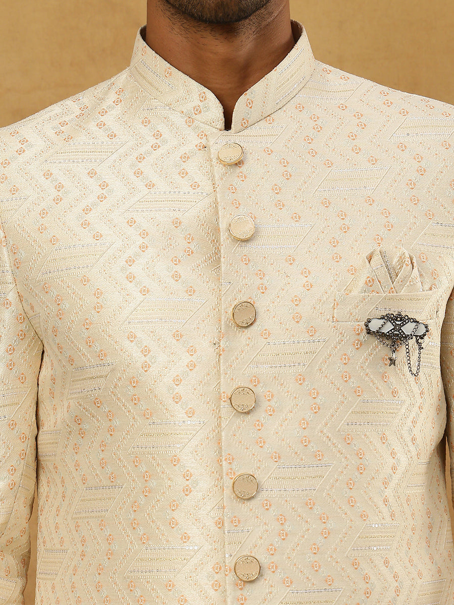 Jacquard Silk Embroidered Indo-Western Set ( 50JIND PJ11W 137Cream )