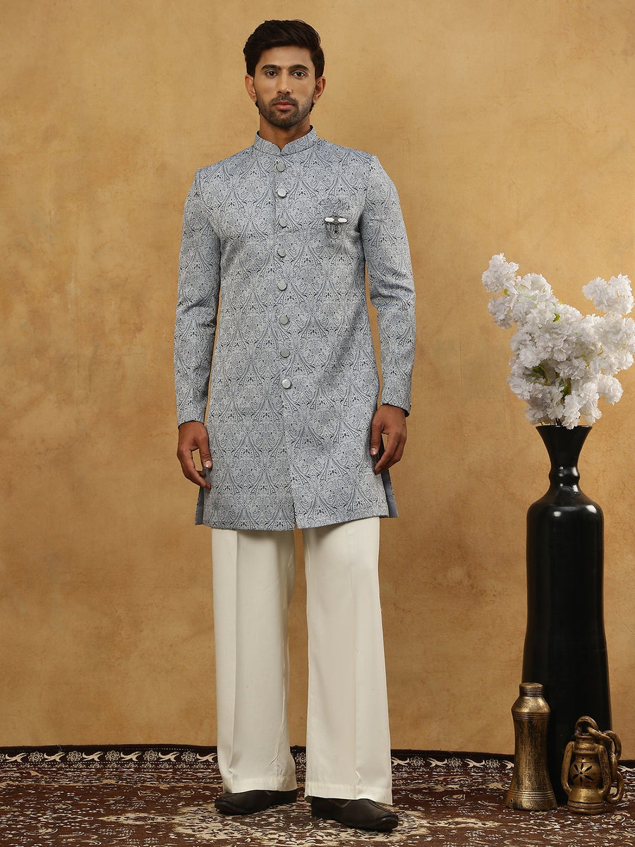 Paisley Jacquard Silk Indo-Western Set ( 50JIND PJ11W 168Grey )