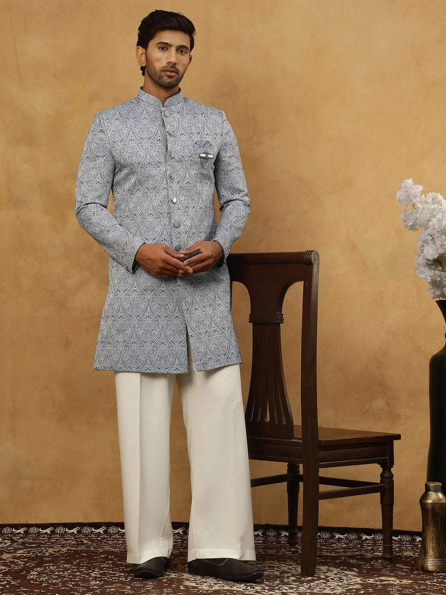 Paisley Jacquard Silk Indo-Western Set ( 50JIND PJ11W 168Grey )