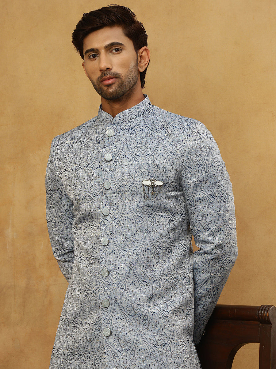Paisley Jacquard Silk Indo-Western Set ( 50JIND PJ11W 168Grey )