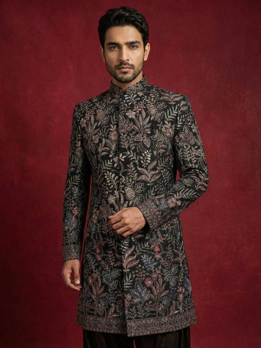 Embroidered Velvet Indo-Western Set for Men ( 50JIND S7B 142Black S )