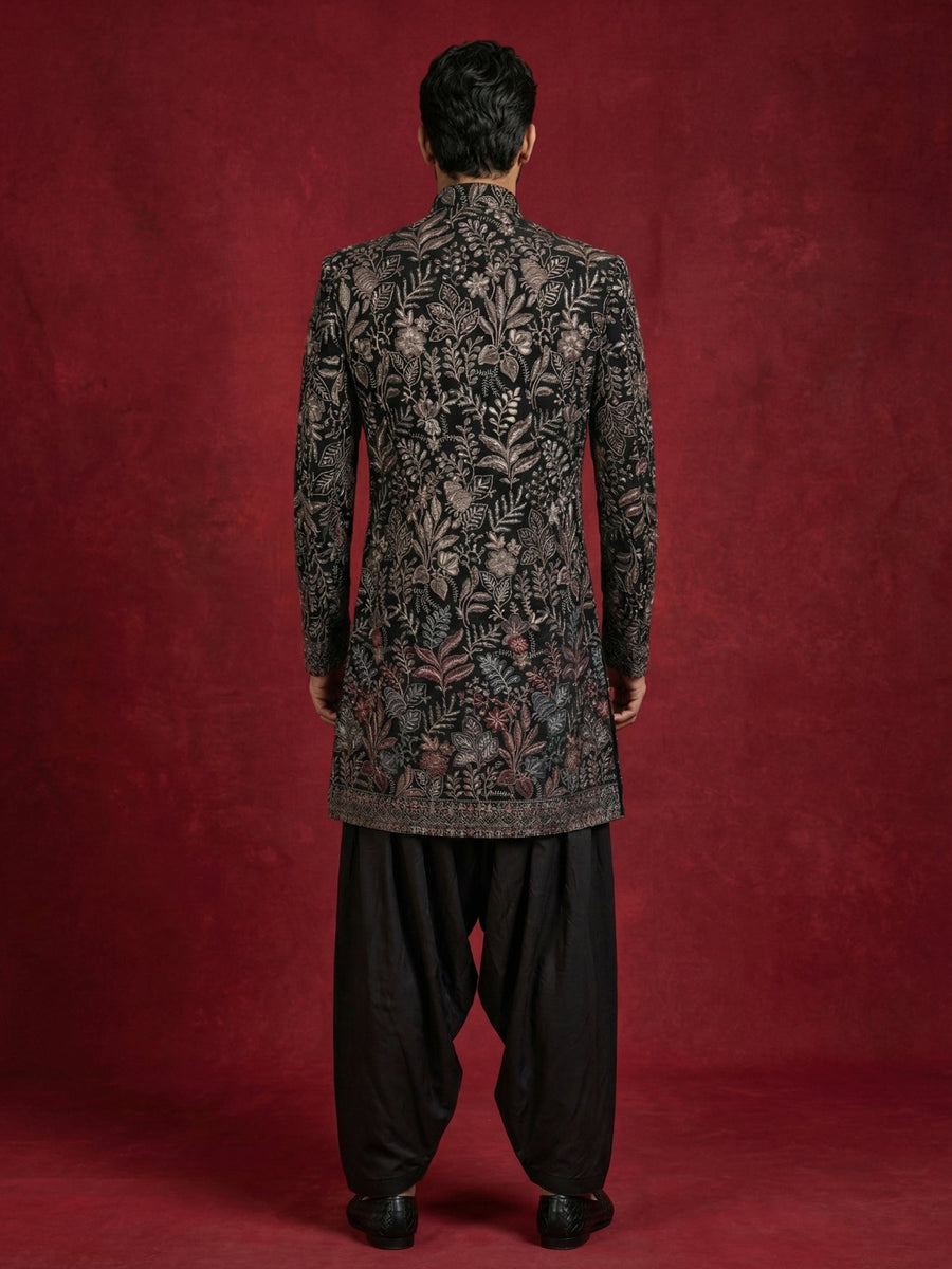 Embroidered Velvet Indo-Western Set for Men ( 50JIND S7B 142Black S )