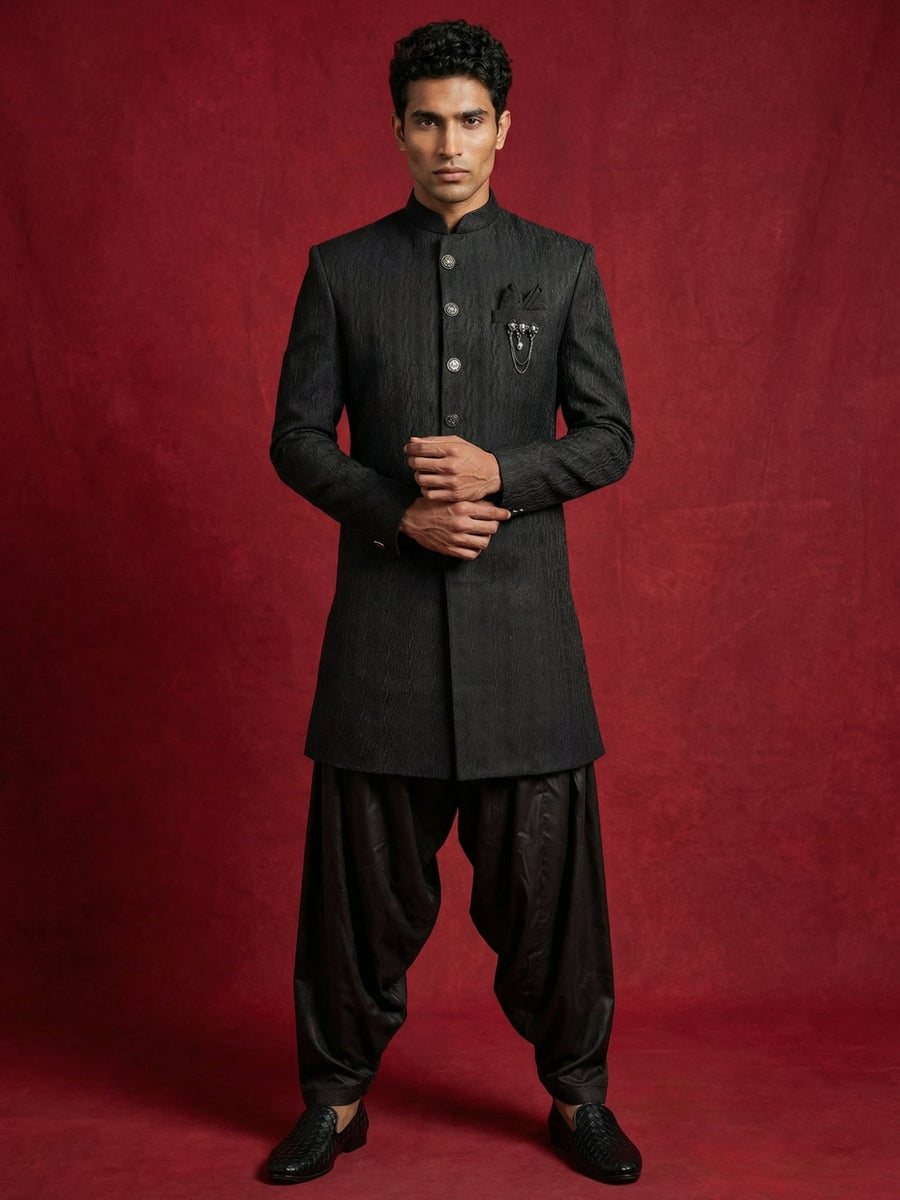 Silk Blend Woven Indo-Western Set ( 50JIND S7B 171Black S )
