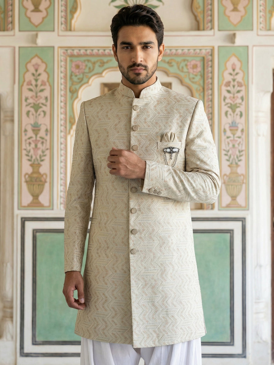 Jacquard Silk Indo-Western Set ( 50JIND S7W 137Cream S )
