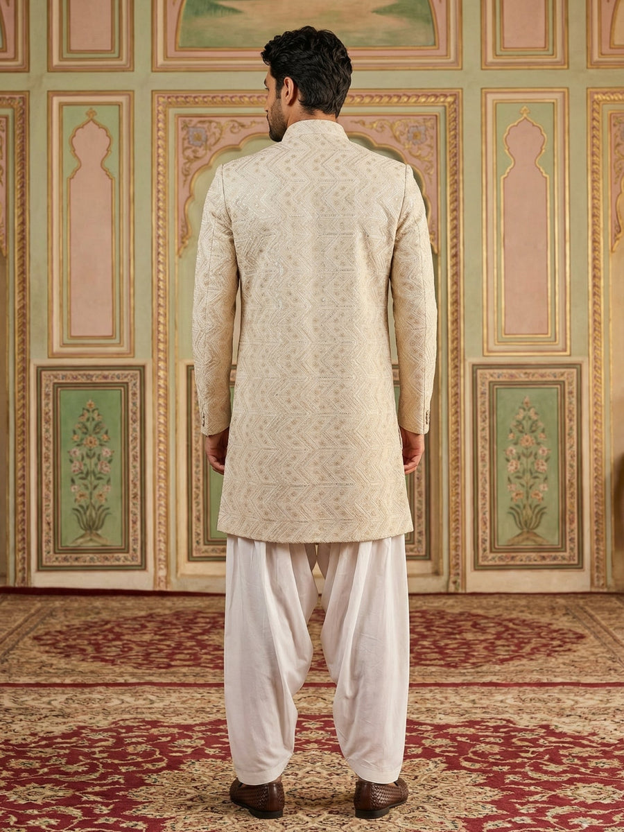 Jacquard Silk Indo-Western Set ( 50JIND S7W 137Cream S )