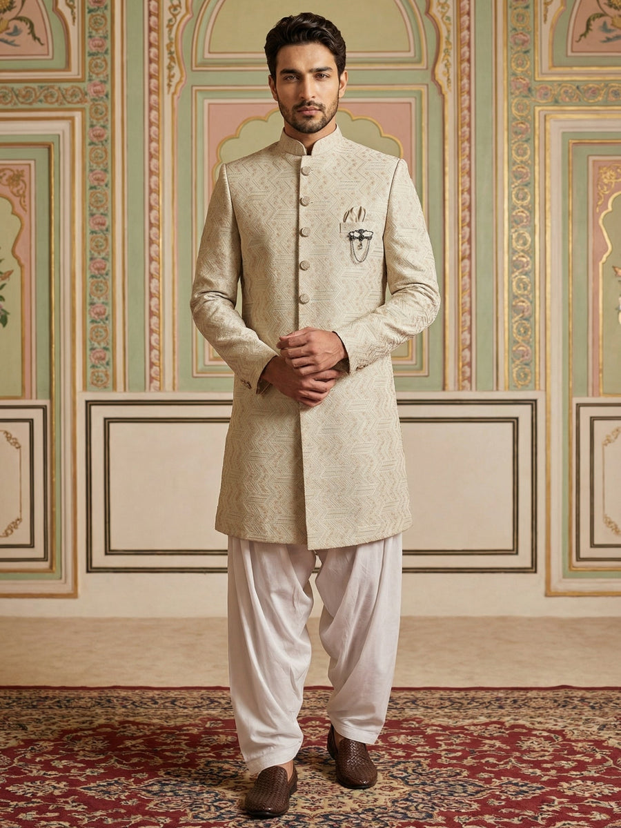 Jacquard Silk Indo-Western Set ( 50JIND S7W 137Cream S )