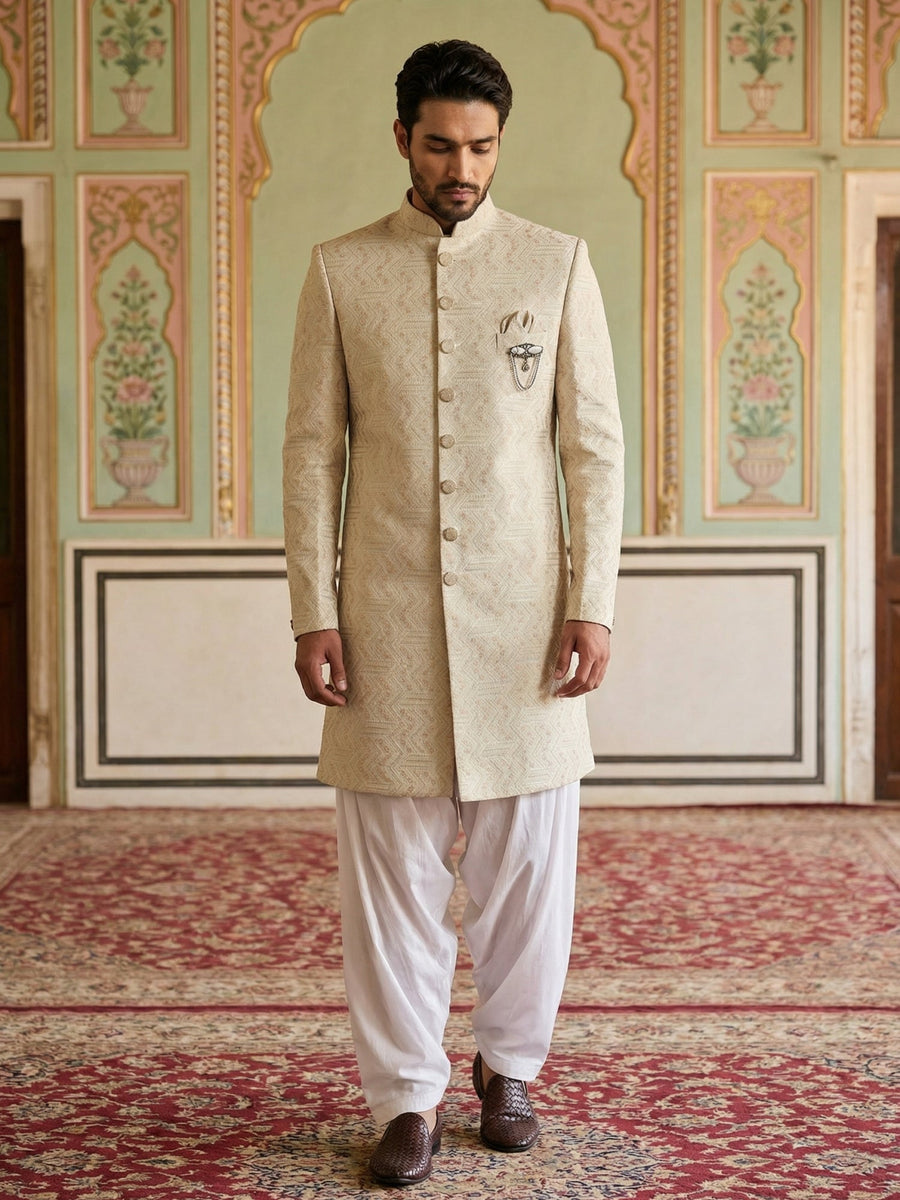 Jacquard Silk Indo-Western Set ( 50JIND S7W 137Cream S )